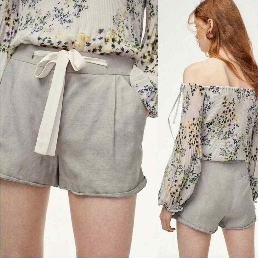 Aritzia Wilfred Light Gray Allegra Shorts Linen Blend Tie Waist Pockets - Size 0